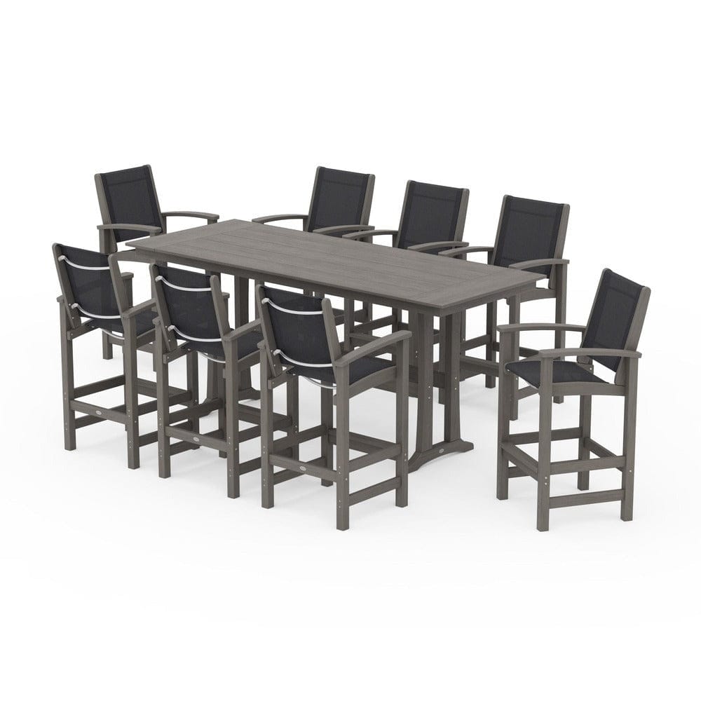 POLYWOOD® Outdoor Furniture POLYWOOD® - Coastal 9-Piece Farmhouse Bar Set with Trestle Legs - PWS1915