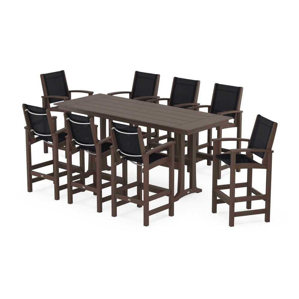 POLYWOOD® Outdoor Furniture Mahogany / Black Sling POLYWOOD® - Coastal 9-Piece Farmhouse Bar Set with Trestle Legs - PWS1915