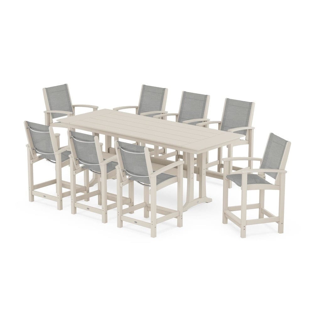 POLYWOOD® Outdoor Furniture Sand / Metallic Sling POLYWOOD® - Coastal 9-Piece Farmhouse Counter Set with Trestle Legs - PWS1898