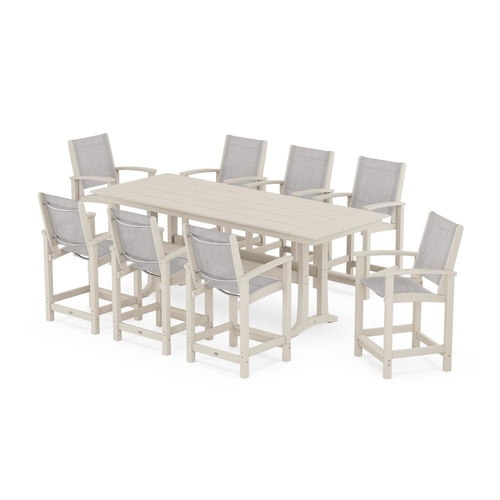 POLYWOOD® Outdoor Furniture Sand / Parchment Sling POLYWOOD® - Coastal 9-Piece Farmhouse Counter Set with Trestle Legs - PWS1898