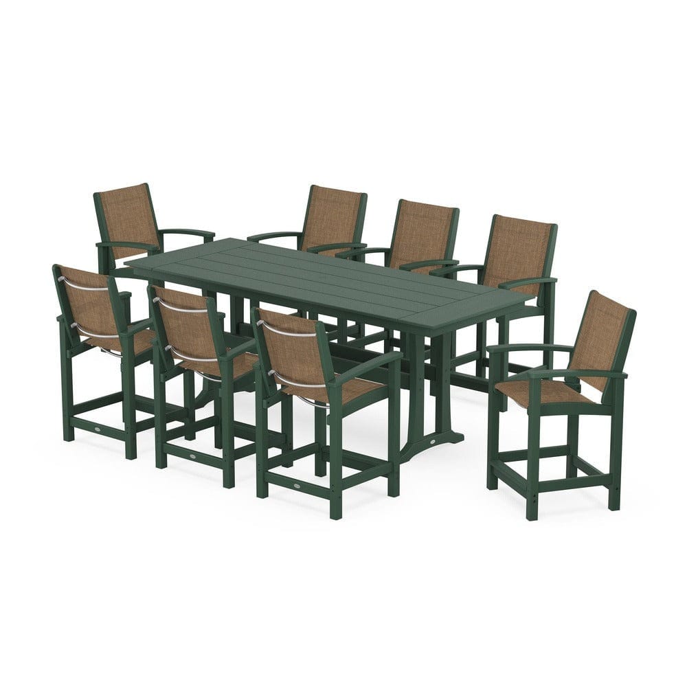 POLYWOOD® Outdoor Furniture Green / Burlap Sling POLYWOOD® - Coastal 9-Piece Farmhouse Counter Set with Trestle Legs - PWS1898