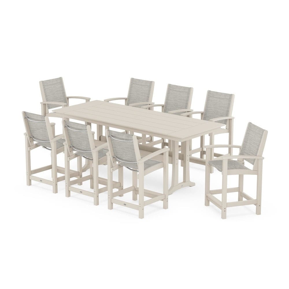 POLYWOOD® Outdoor Furniture Sand / Birch Sling POLYWOOD® - Coastal 9-Piece Farmhouse Counter Set with Trestle Legs - PWS1898