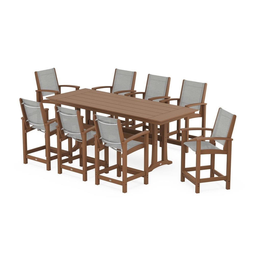 POLYWOOD® Outdoor Furniture Teak / Metallic Sling POLYWOOD® - Coastal 9-Piece Farmhouse Counter Set with Trestle Legs - PWS1898