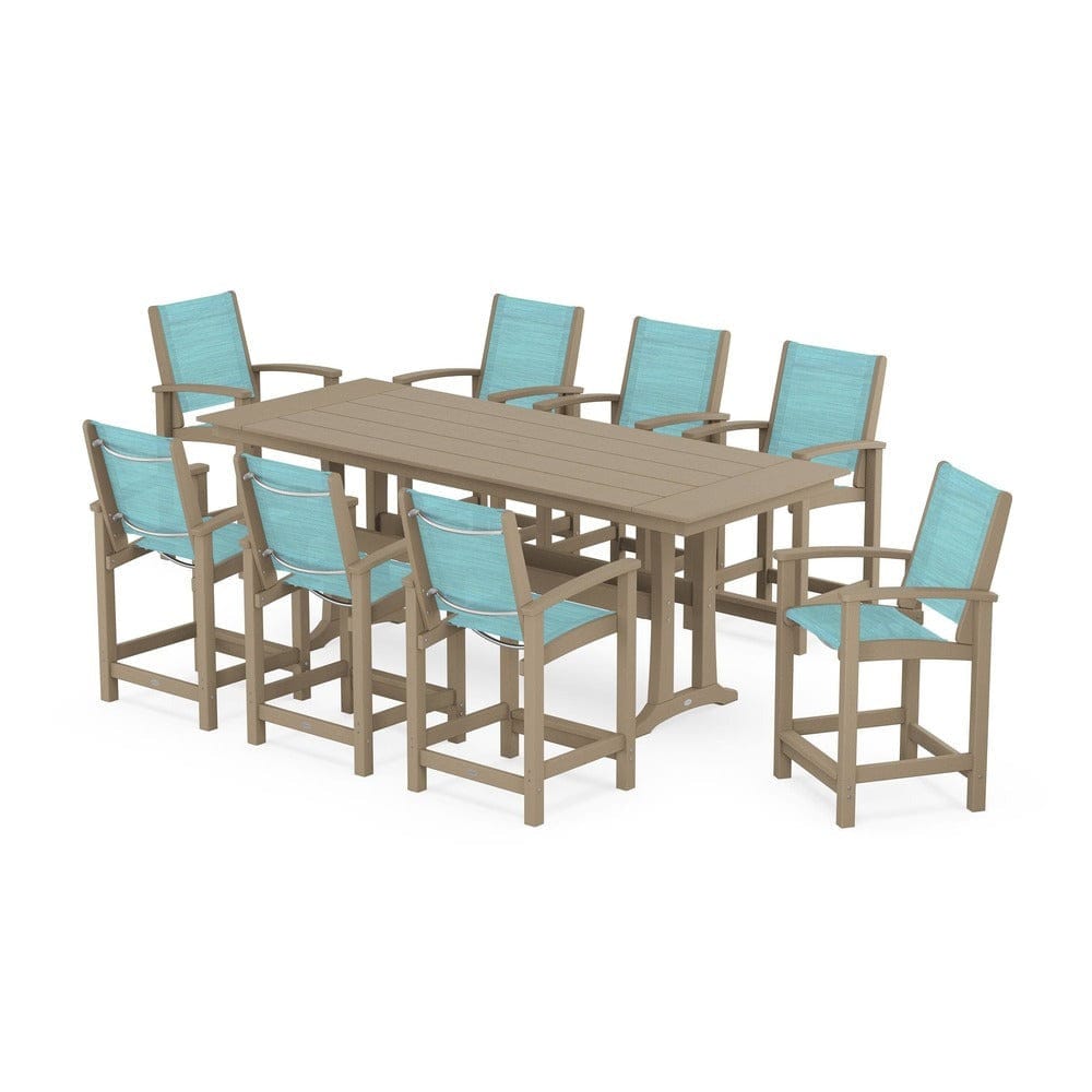 POLYWOOD® Outdoor Furniture POLYWOOD® - Coastal 9-Piece Farmhouse Counter Set with Trestle Legs - PWS1898