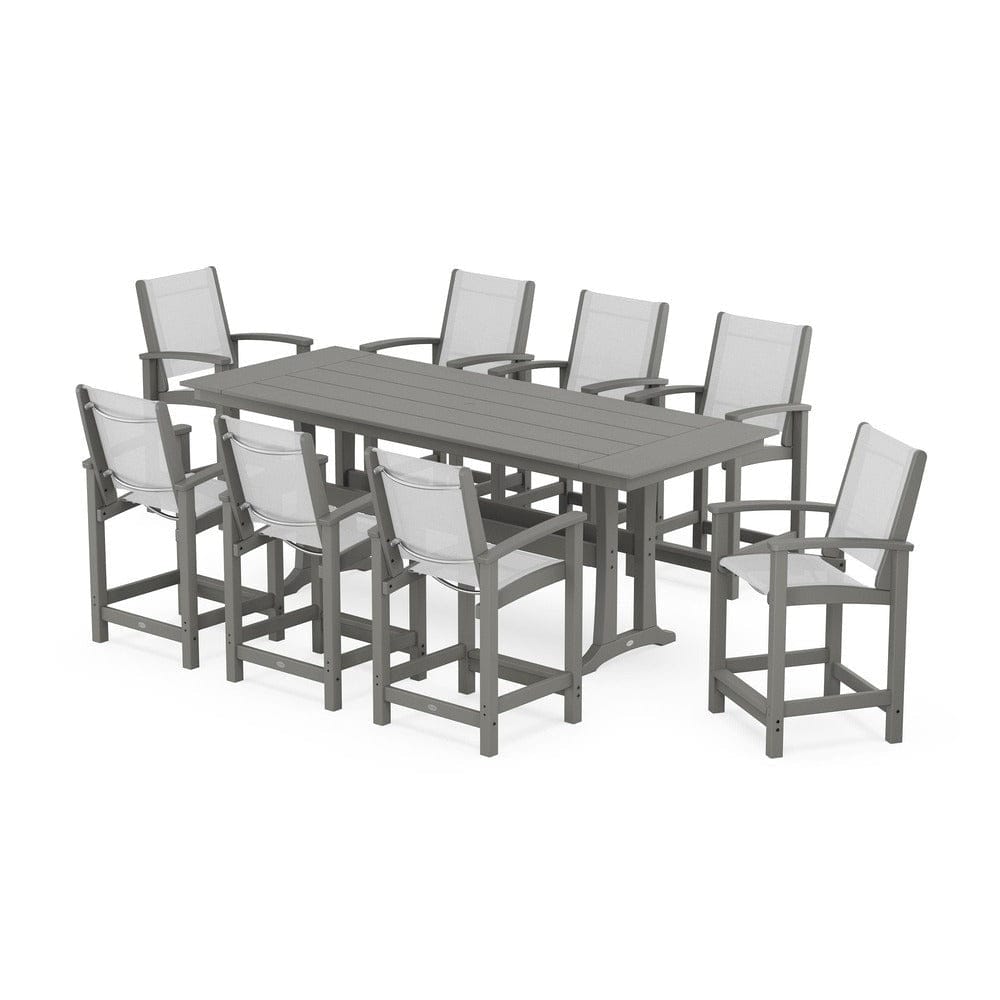 POLYWOOD® Outdoor Furniture Slate Grey / White Sling POLYWOOD® - Coastal 9-Piece Farmhouse Counter Set with Trestle Legs - PWS1898