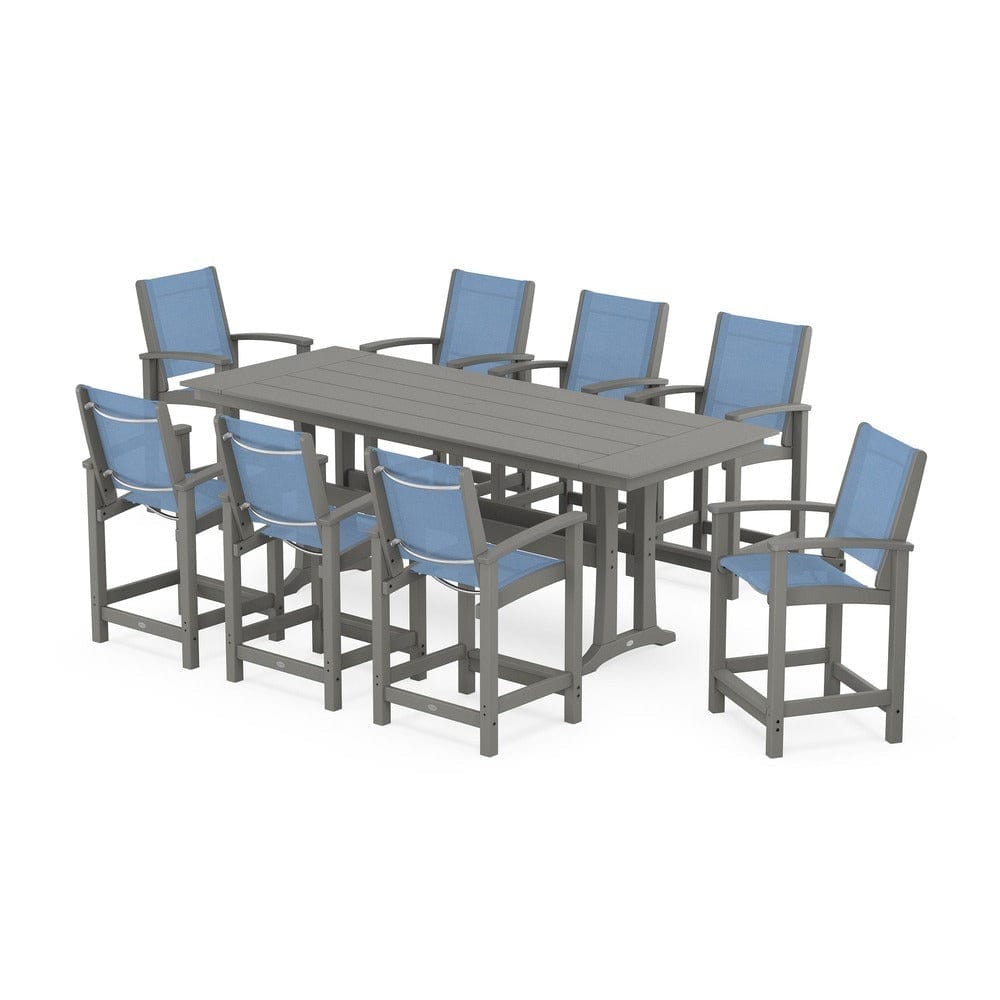 POLYWOOD® Outdoor Furniture Slate Grey / Poolside Sling POLYWOOD® - Coastal 9-Piece Farmhouse Counter Set with Trestle Legs - PWS1898