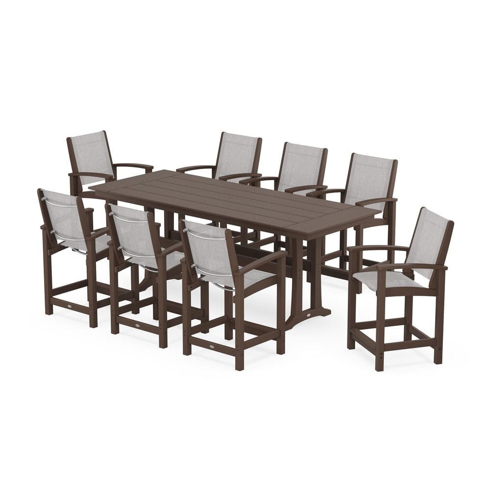 POLYWOOD® Outdoor Furniture Mahogany / Parchment Sling POLYWOOD® - Coastal 9-Piece Farmhouse Counter Set with Trestle Legs - PWS1898