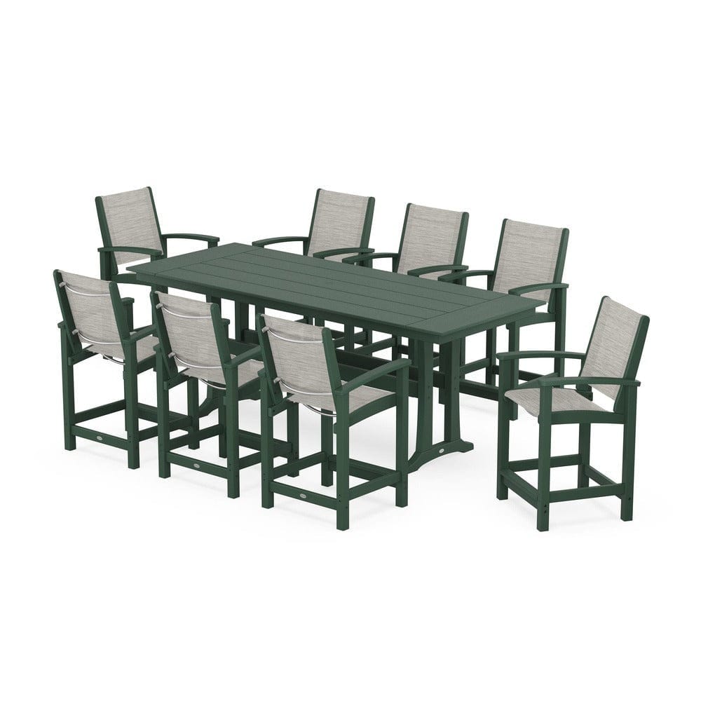 POLYWOOD® Outdoor Furniture Green / Birch Sling POLYWOOD® - Coastal 9-Piece Farmhouse Counter Set with Trestle Legs - PWS1898