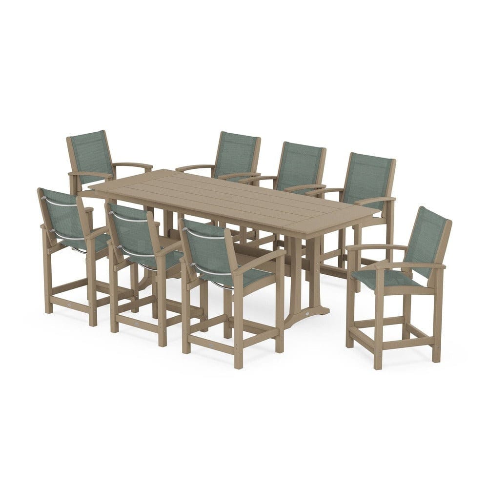 POLYWOOD® Outdoor Furniture POLYWOOD® - Coastal 9-Piece Farmhouse Counter Set with Trestle Legs - PWS1898