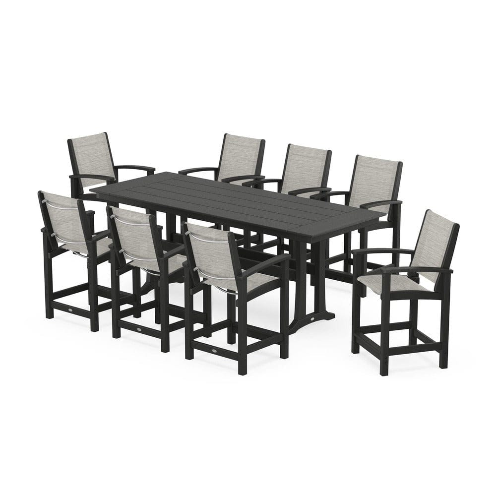 POLYWOOD® Outdoor Furniture Black / Birch Sling POLYWOOD® - Coastal 9-Piece Farmhouse Counter Set with Trestle Legs - PWS1898
