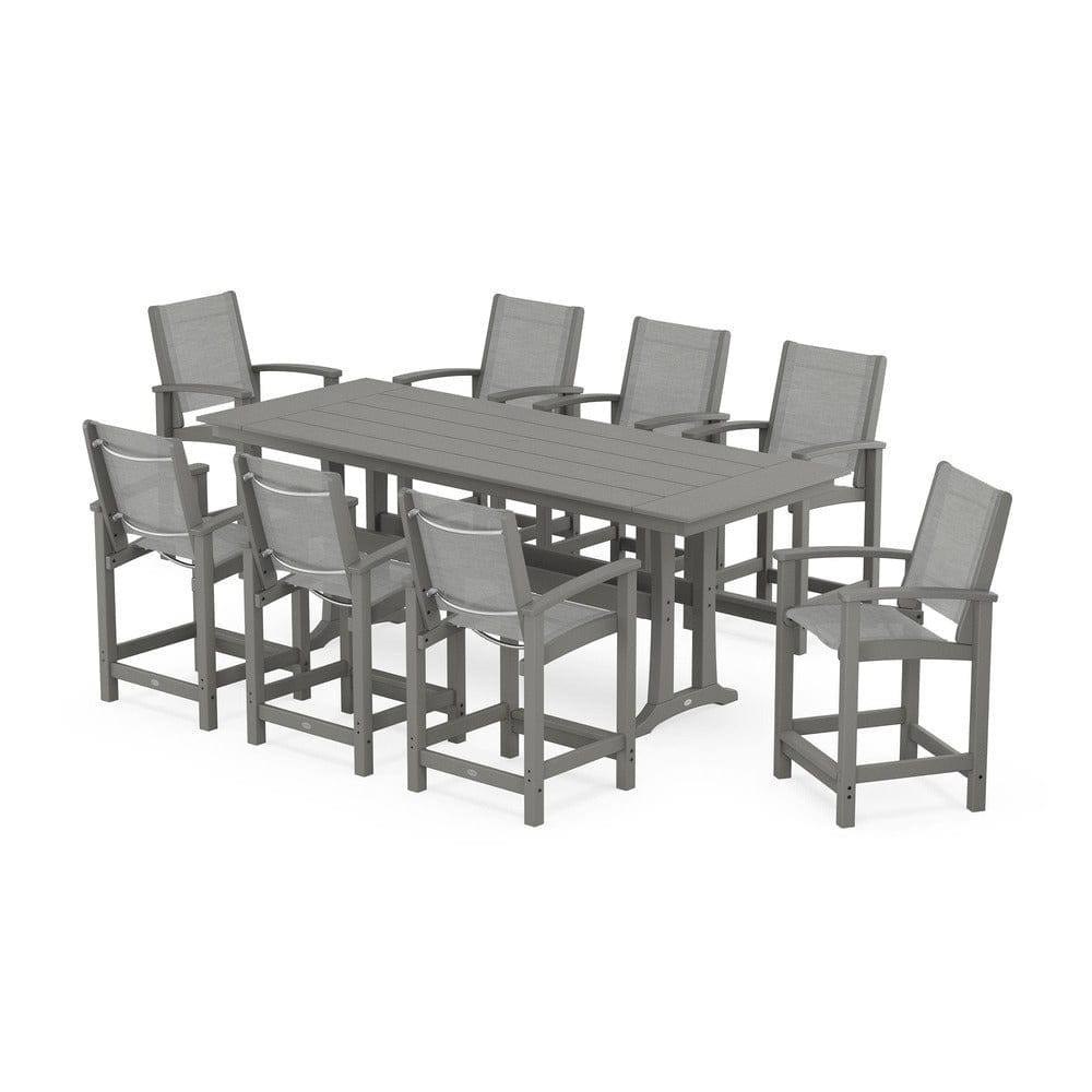 POLYWOOD® Outdoor Furniture Slate Grey / Metallic Sling POLYWOOD® - Coastal 9-Piece Farmhouse Counter Set with Trestle Legs - PWS1898