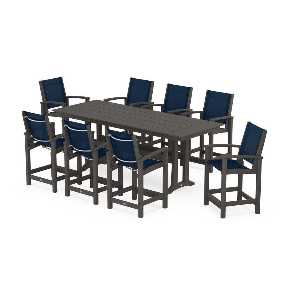 POLYWOOD® Outdoor Furniture Vintage Coffee / Navy Blue Sling POLYWOOD® - Coastal 9-Piece Farmhouse Counter Set with Trestle Legs - PWS1898