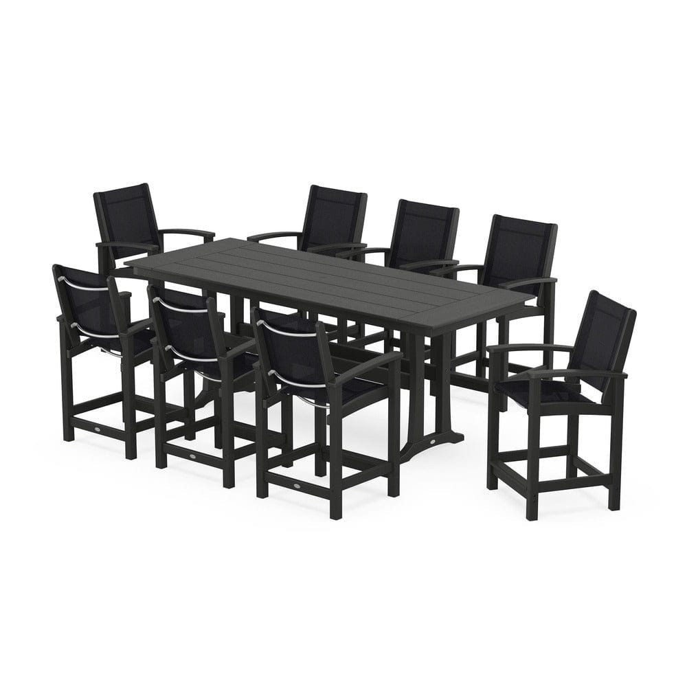 POLYWOOD® Outdoor Furniture Black / Black Sling POLYWOOD® - Coastal 9-Piece Farmhouse Counter Set with Trestle Legs - PWS1898