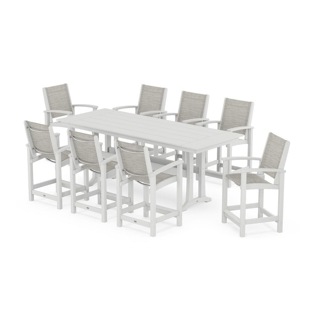 POLYWOOD® Outdoor Furniture White / Birch Sling POLYWOOD® - Coastal 9-Piece Farmhouse Counter Set with Trestle Legs - PWS1898
