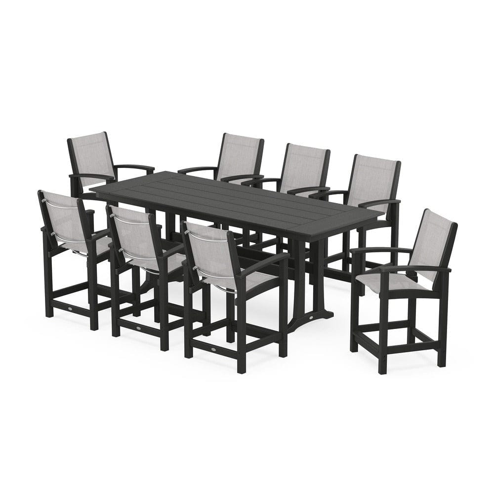 POLYWOOD® Outdoor Furniture Black / Parchment Sling POLYWOOD® - Coastal 9-Piece Farmhouse Counter Set with Trestle Legs - PWS1898