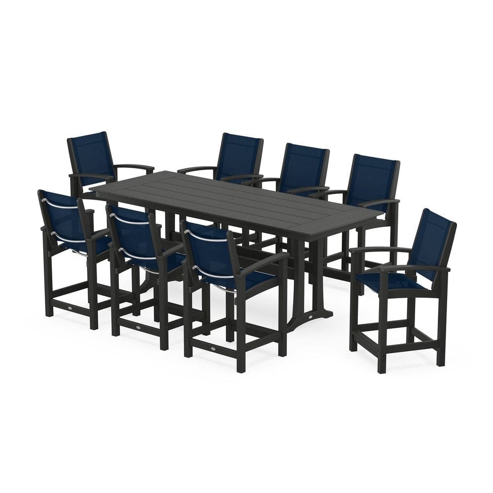 POLYWOOD® Outdoor Furniture Black / Navy Blue Sling POLYWOOD® - Coastal 9-Piece Farmhouse Counter Set with Trestle Legs - PWS1898