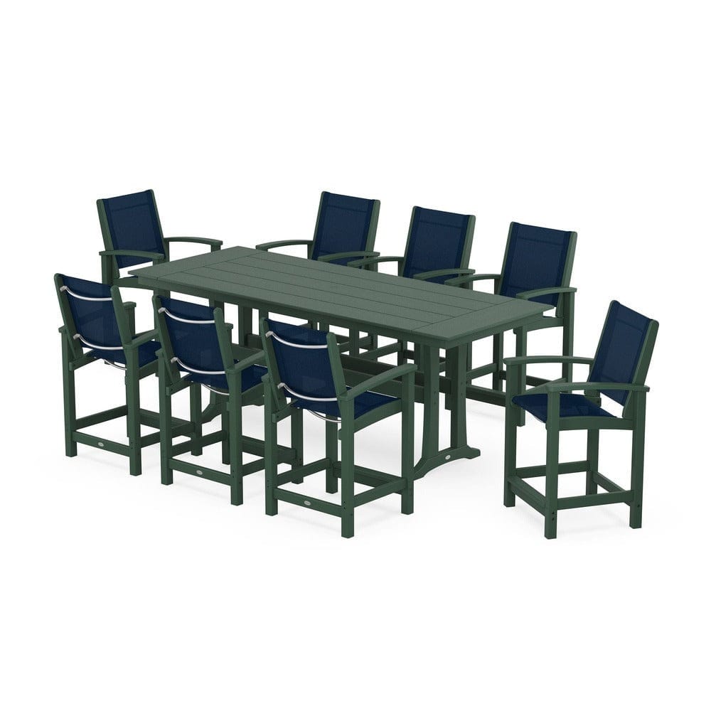 POLYWOOD® Outdoor Furniture Green / Navy Blue Sling POLYWOOD® - Coastal 9-Piece Farmhouse Counter Set with Trestle Legs - PWS1898