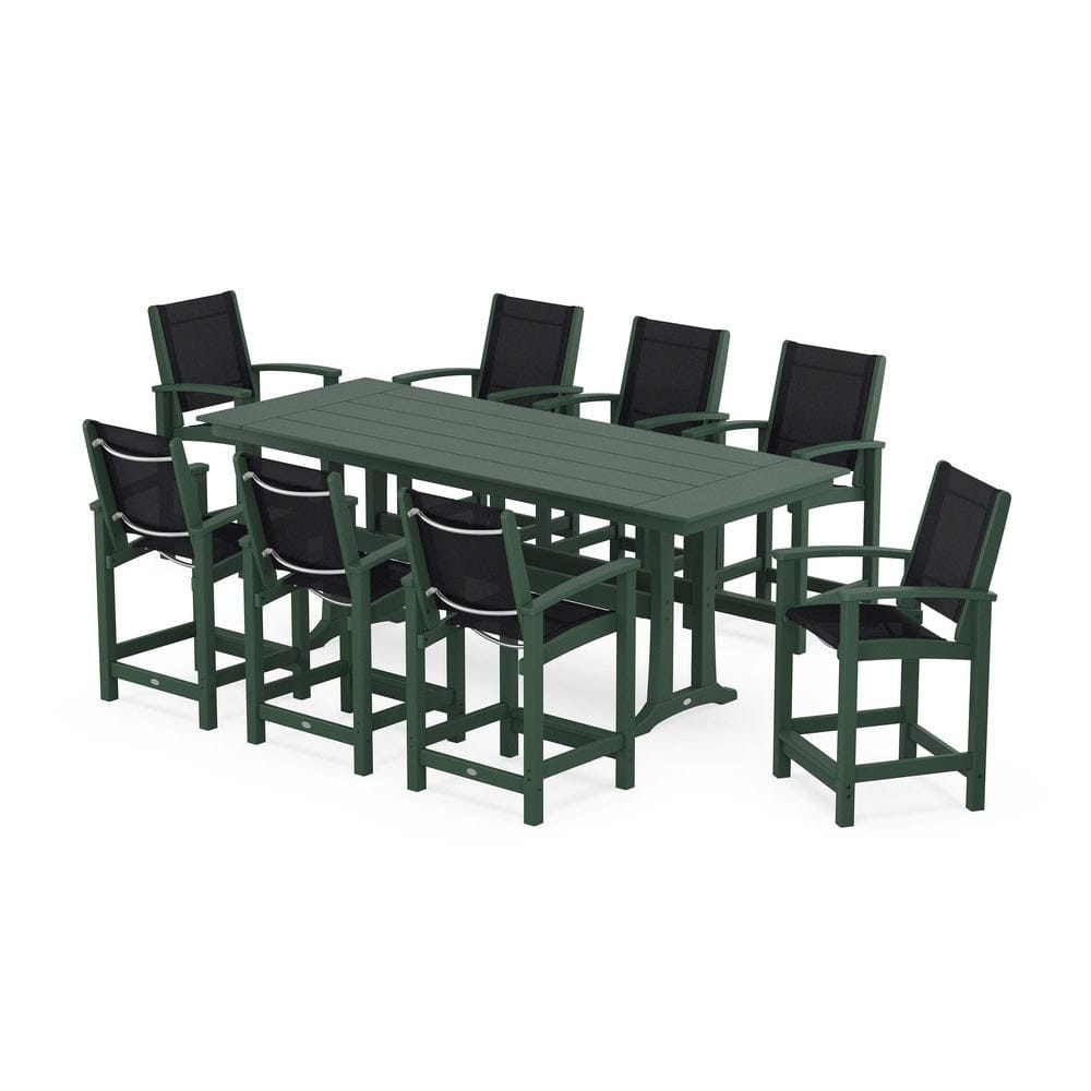 POLYWOOD® Outdoor Furniture Green / Black Sling POLYWOOD® - Coastal 9-Piece Farmhouse Counter Set with Trestle Legs - PWS1898