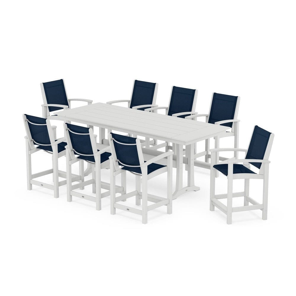 POLYWOOD® Outdoor Furniture White / Navy Blue Sling POLYWOOD® - Coastal 9-Piece Farmhouse Counter Set with Trestle Legs - PWS1898