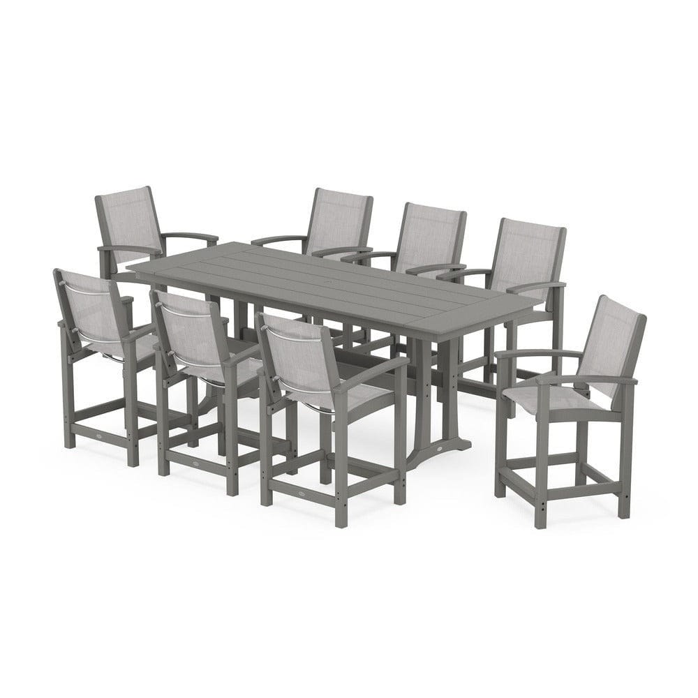POLYWOOD® Outdoor Furniture Slate Grey / Parchment Sling POLYWOOD® - Coastal 9-Piece Farmhouse Counter Set with Trestle Legs - PWS1898