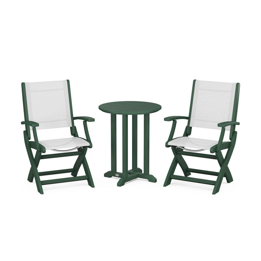 POLYWOOD® Outdoor Furniture Green / White Sling POLYWOOD® - Coastal Folding 3-Piece Round Bistro Dining Set - PWS1295