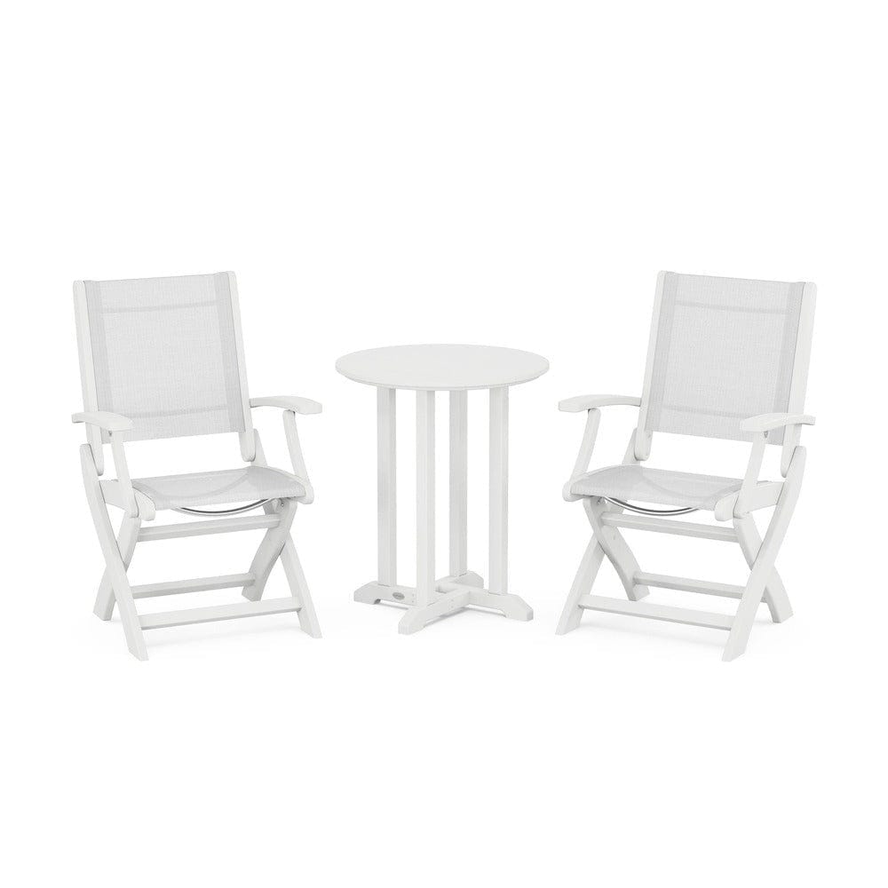 POLYWOOD® Outdoor Furniture White / White Sling POLYWOOD® - Coastal Folding 3-Piece Round Bistro Dining Set - PWS1295