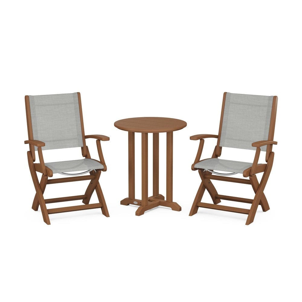 POLYWOOD® Outdoor Furniture Teak / Metallic Sling POLYWOOD® - Coastal Folding 3-Piece Round Bistro Dining Set - PWS1295