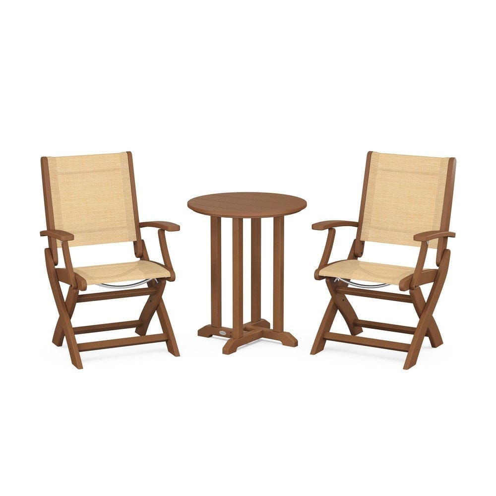 POLYWOOD® Outdoor Furniture Teak / Dupioni Apricot Sling POLYWOOD® - Coastal Folding 3-Piece Round Bistro Dining Set - PWS1295