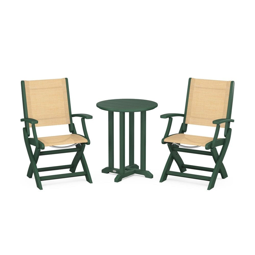 POLYWOOD® Outdoor Furniture Green / Dupioni Apricot Sling POLYWOOD® - Coastal Folding 3-Piece Round Bistro Dining Set - PWS1295