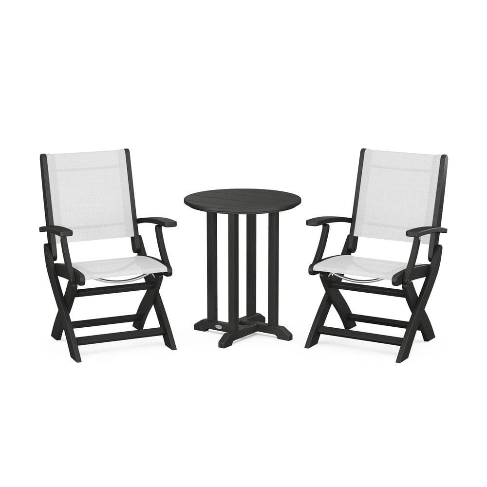POLYWOOD® Outdoor Furniture Black / White Sling POLYWOOD® - Coastal Folding 3-Piece Round Bistro Dining Set - PWS1295