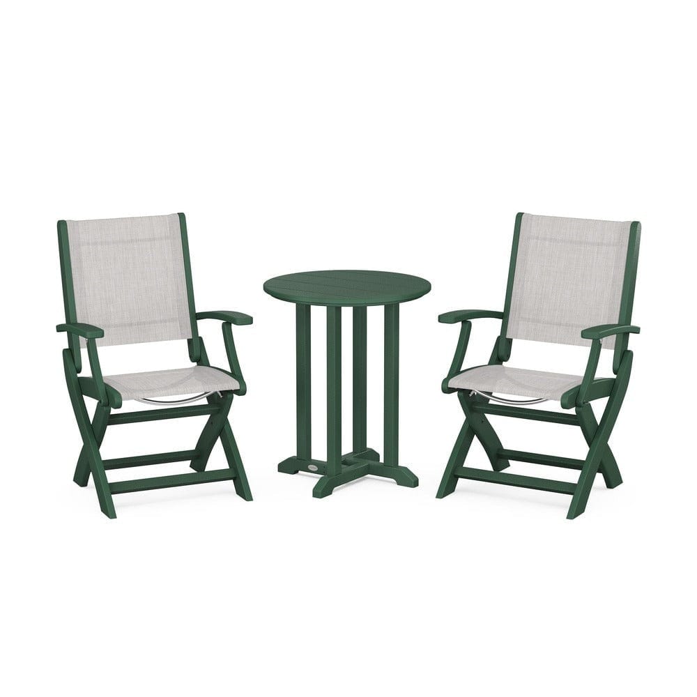 POLYWOOD® Outdoor Furniture Green / Parchment Sling POLYWOOD® - Coastal Folding 3-Piece Round Bistro Dining Set - PWS1295