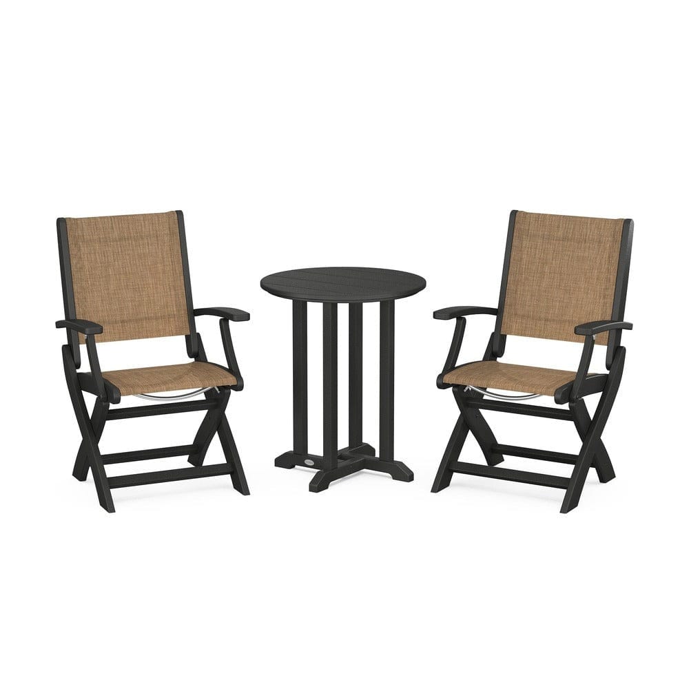 POLYWOOD® Outdoor Furniture Black / Burlap Sling POLYWOOD® - Coastal Folding 3-Piece Round Bistro Dining Set - PWS1295