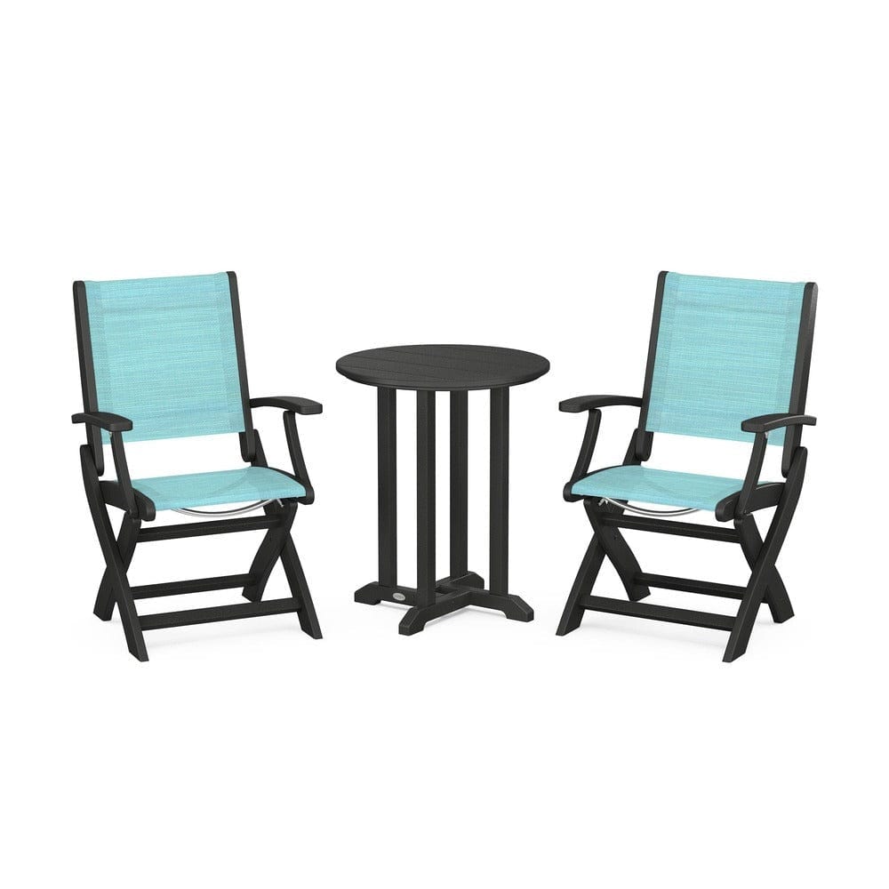 POLYWOOD® Outdoor Furniture Black / Dupioni Aquamarine Sling POLYWOOD® - Coastal Folding 3-Piece Round Bistro Dining Set - PWS1295