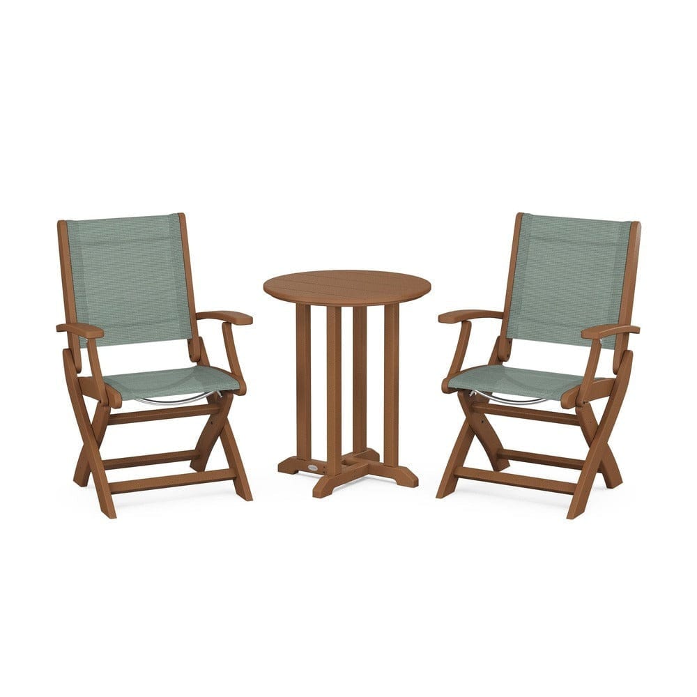 POLYWOOD® Outdoor Furniture Teak / Dupioni Sea Mist Sling POLYWOOD® - Coastal Folding 3-Piece Round Bistro Dining Set - PWS1295