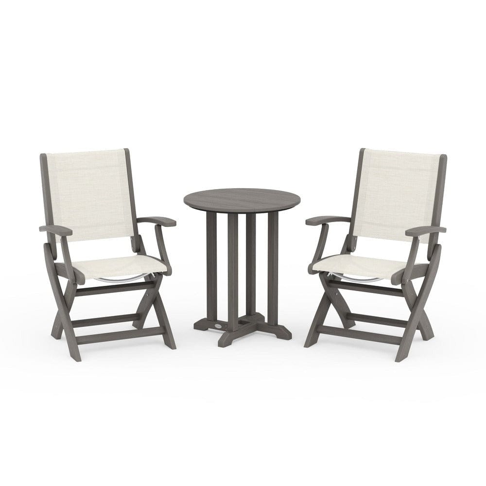 POLYWOOD® Outdoor Furniture Driftwood / Parchment Sling POLYWOOD® - Coastal Folding 3-Piece Round Bistro Dining Set - PWS1295