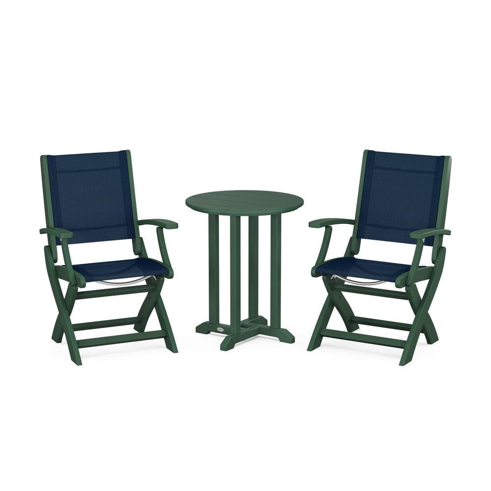 POLYWOOD® Outdoor Furniture Green / Navy Blue Sling POLYWOOD® - Coastal Folding 3-Piece Round Bistro Dining Set - PWS1295