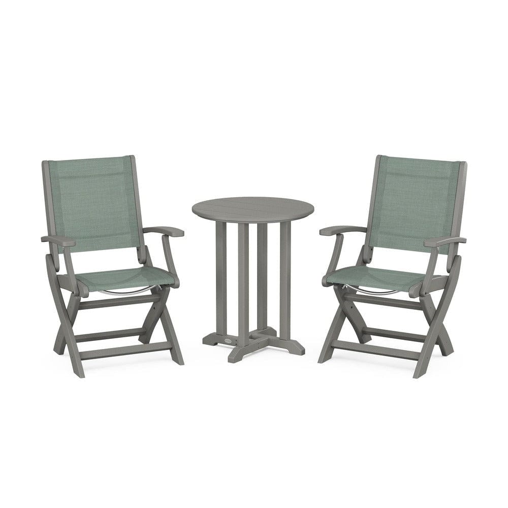 POLYWOOD® Outdoor Furniture Slate Grey / Dupioni Sea Mist Sling POLYWOOD® - Coastal Folding 3-Piece Round Bistro Dining Set - PWS1295