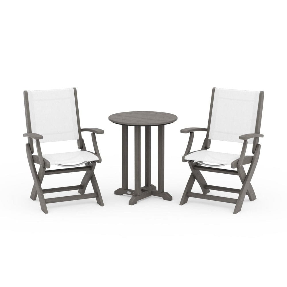 POLYWOOD® Outdoor Furniture Driftwood / White Sling POLYWOOD® - Coastal Folding 3-Piece Round Bistro Dining Set - PWS1295