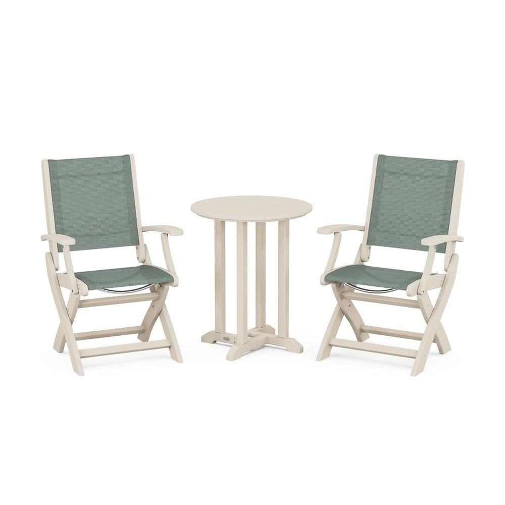 POLYWOOD® Outdoor Furniture Sand / Dupioni Sea Mist Sling POLYWOOD® - Coastal Folding 3-Piece Round Bistro Dining Set - PWS1295