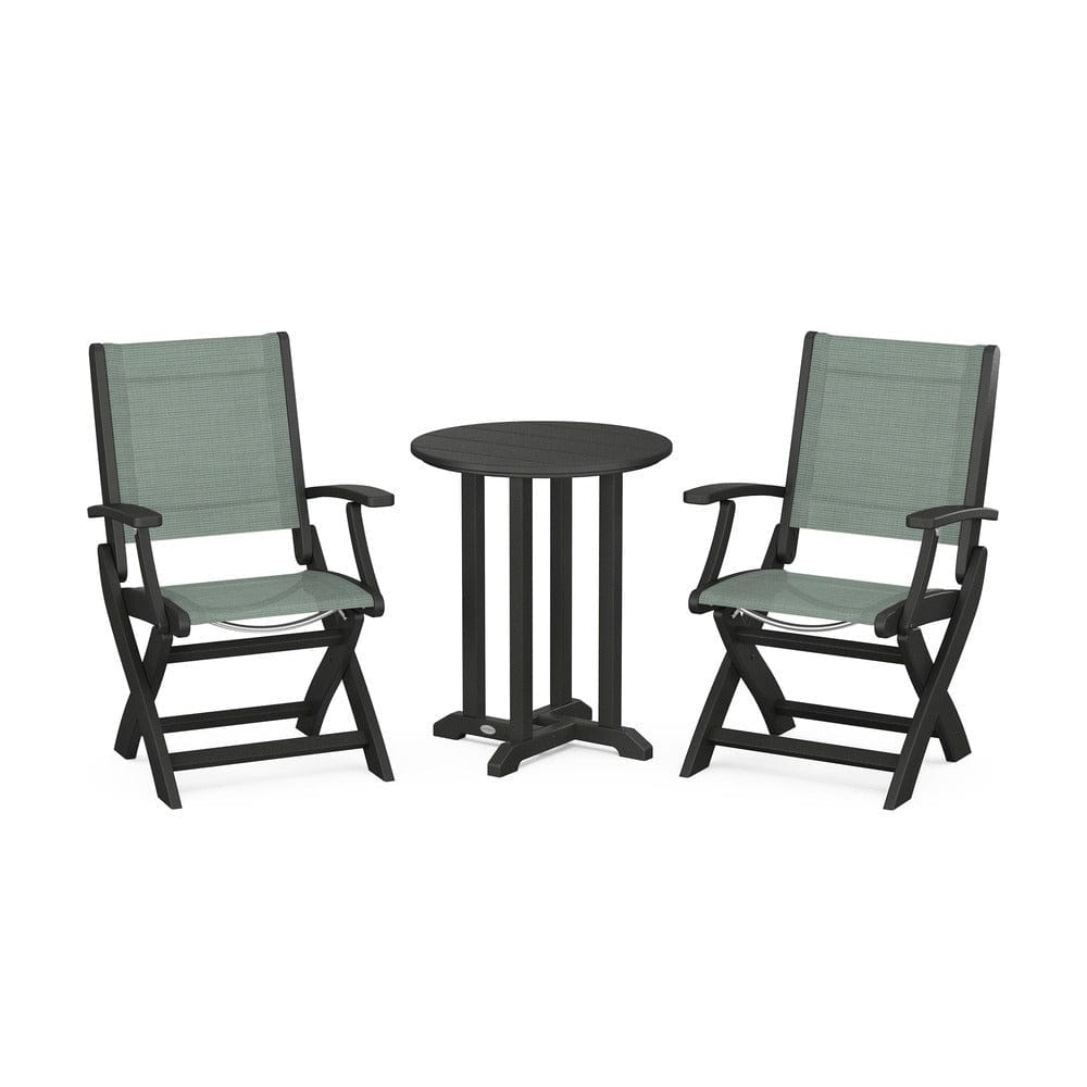 POLYWOOD® Outdoor Furniture Black / Dupioni Sea Mist Sling POLYWOOD® - Coastal Folding 3-Piece Round Bistro Dining Set - PWS1295