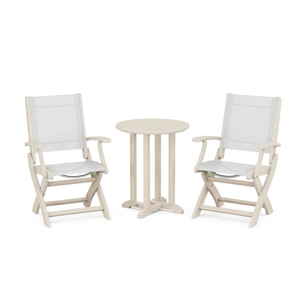 POLYWOOD® Outdoor Furniture Sand / White Sling POLYWOOD® - Coastal Folding 3-Piece Round Bistro Dining Set - PWS1295
