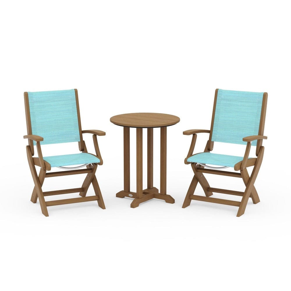 POLYWOOD® Outdoor Furniture Natural / Dupioni Aquamarine Sling POLYWOOD® - Coastal Folding 3-Piece Round Bistro Dining Set - PWS1295