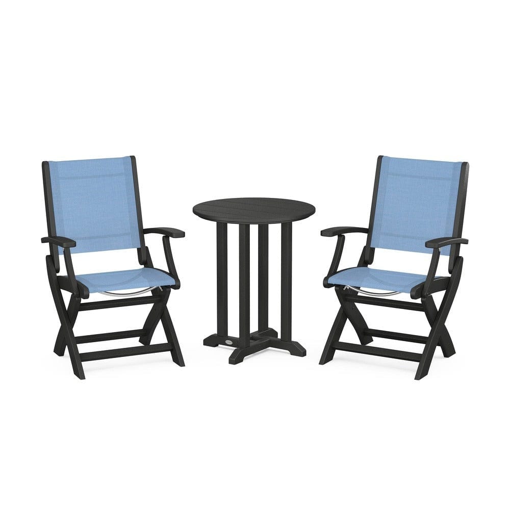 POLYWOOD® Outdoor Furniture Black / Poolside Sling POLYWOOD® - Coastal Folding 3-Piece Round Bistro Dining Set - PWS1295