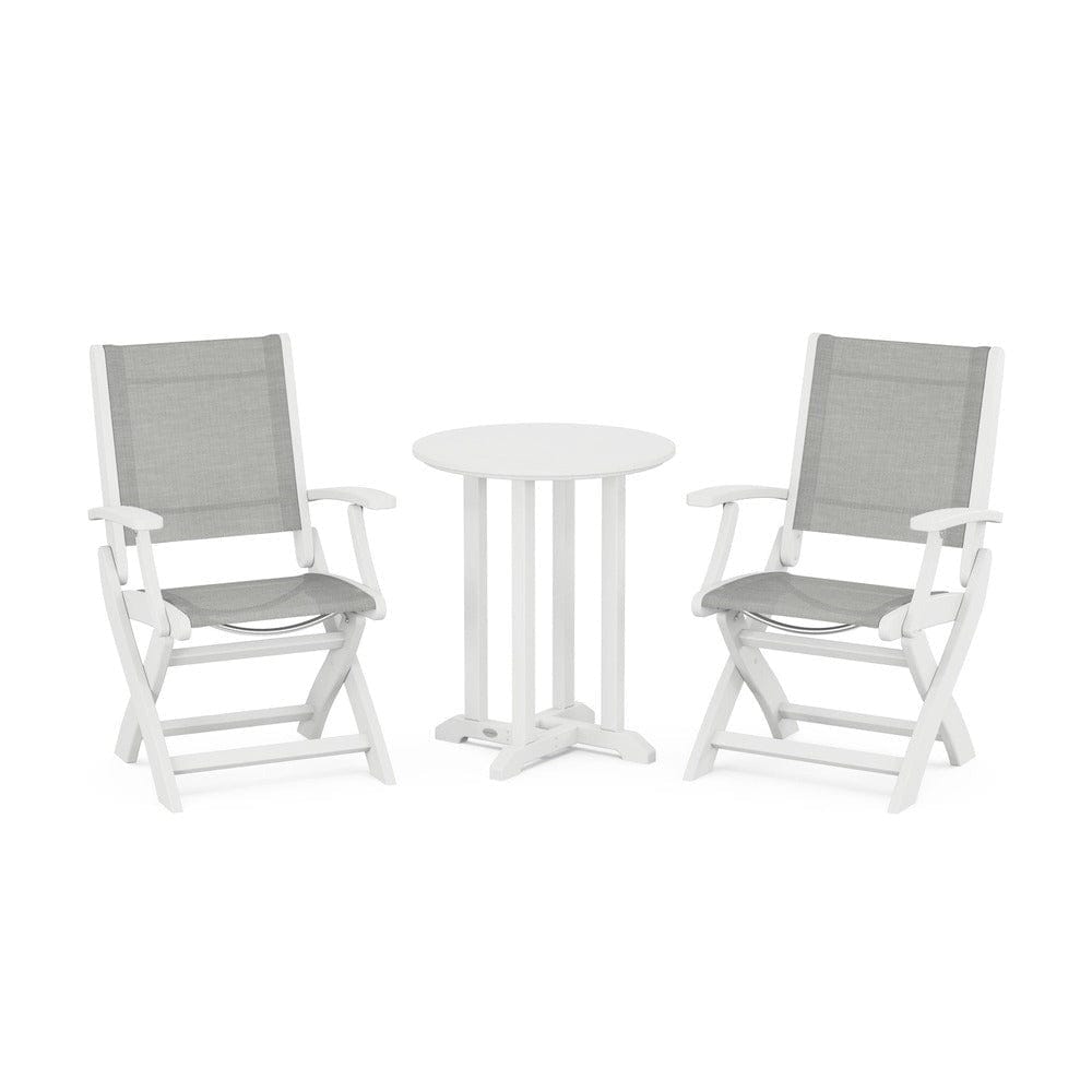 POLYWOOD® Outdoor Furniture White / Metallic Sling POLYWOOD® - Coastal Folding 3-Piece Round Bistro Dining Set - PWS1295