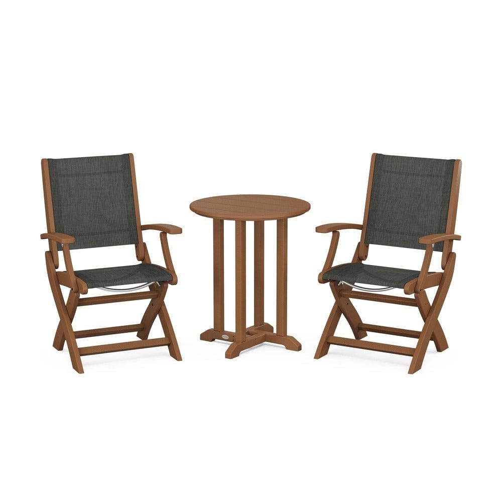 POLYWOOD® Outdoor Furniture Teak / Ember Sling POLYWOOD® - Coastal Folding 3-Piece Round Bistro Dining Set - PWS1295