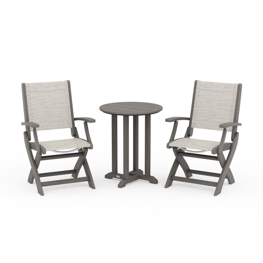 POLYWOOD® Outdoor Furniture Driftwood / Birch Sling POLYWOOD® - Coastal Folding 3-Piece Round Bistro Dining Set - PWS1295