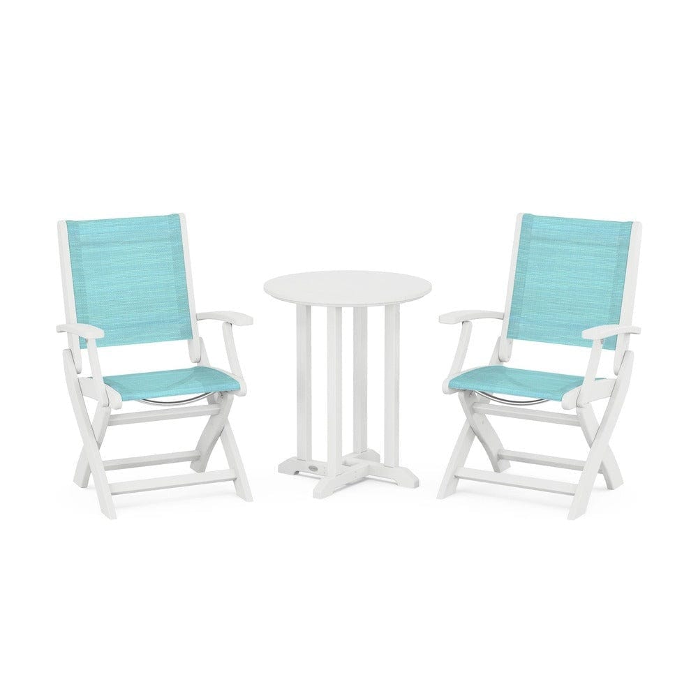 POLYWOOD® Outdoor Furniture White / Dupioni Aquamarine Sling POLYWOOD® - Coastal Folding 3-Piece Round Bistro Dining Set - PWS1295