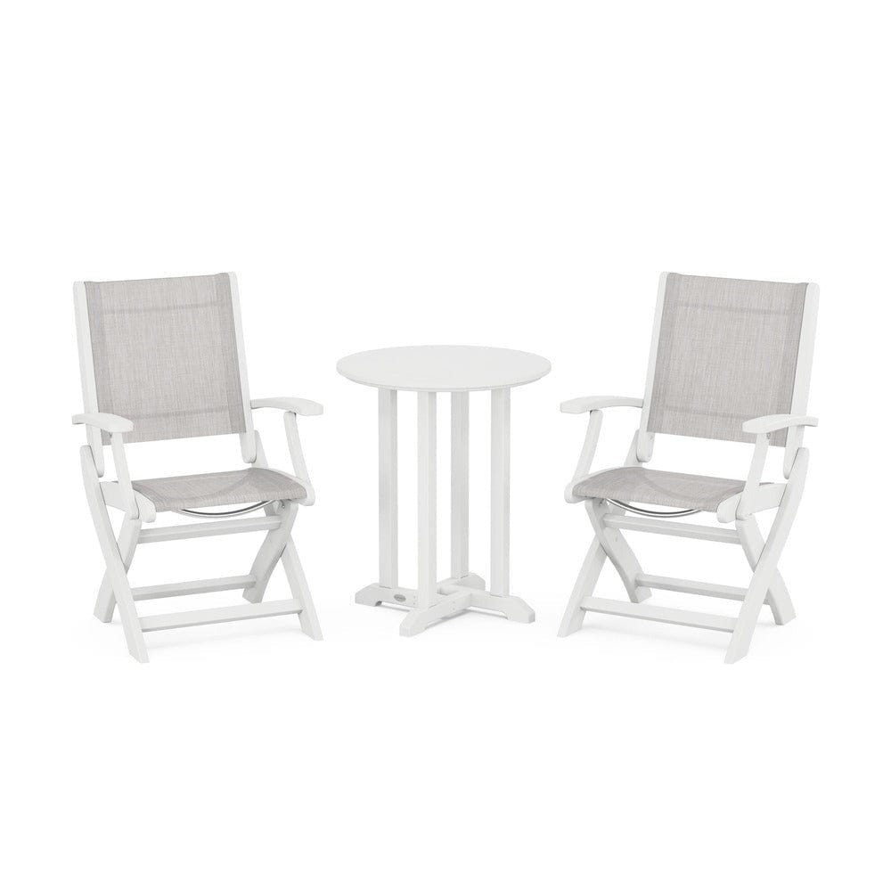 POLYWOOD® Outdoor Furniture White / Parchment Sling POLYWOOD® - Coastal Folding 3-Piece Round Bistro Dining Set - PWS1295