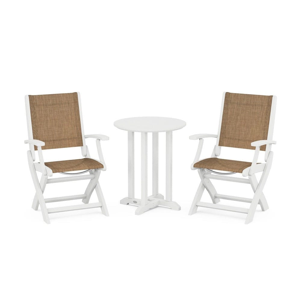 POLYWOOD® Outdoor Furniture White / Burlap Sling POLYWOOD® - Coastal Folding 3-Piece Round Bistro Dining Set - PWS1295