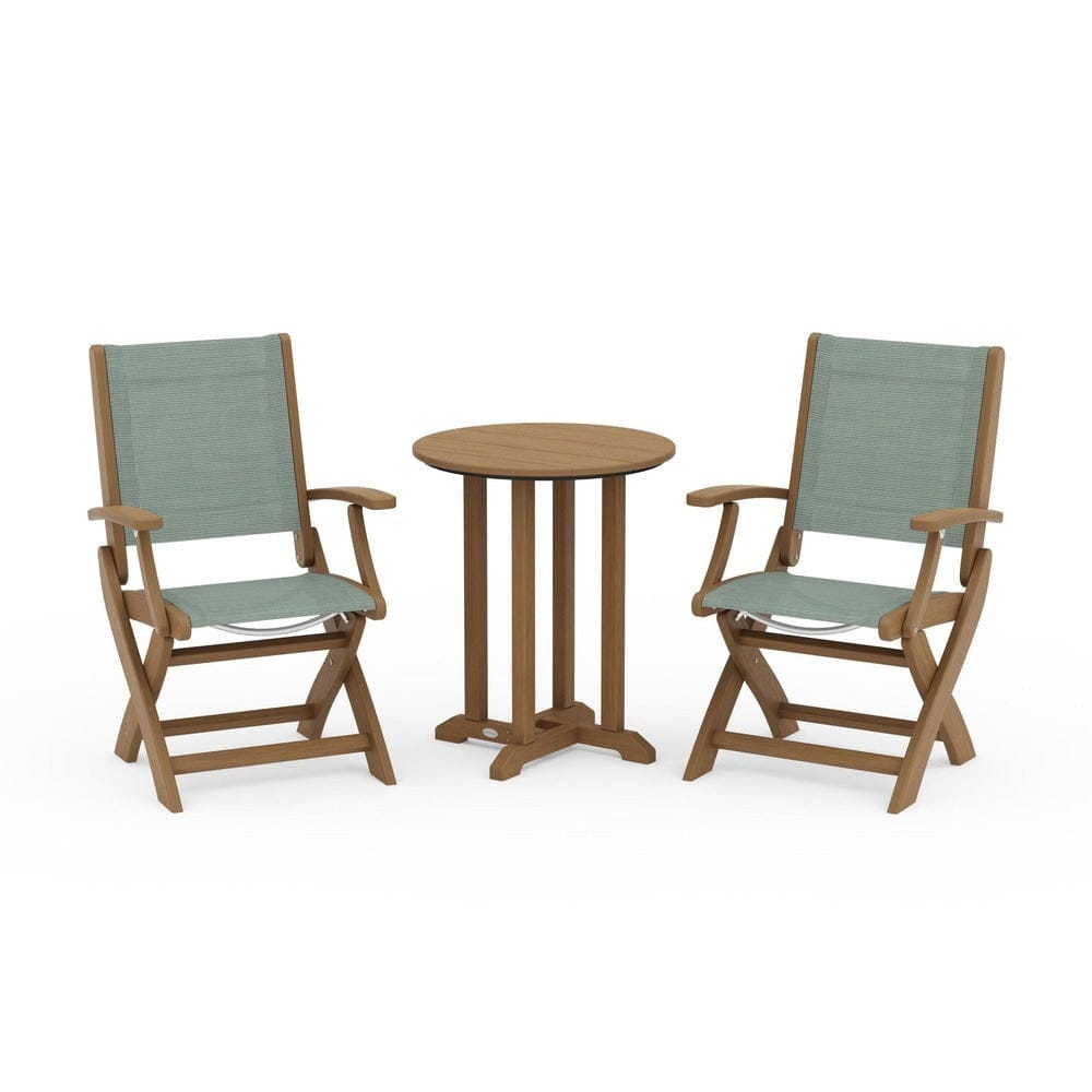 POLYWOOD® Outdoor Furniture Natural / Dupioni Sea Mist Sling POLYWOOD® - Coastal Folding 3-Piece Round Bistro Dining Set - PWS1295